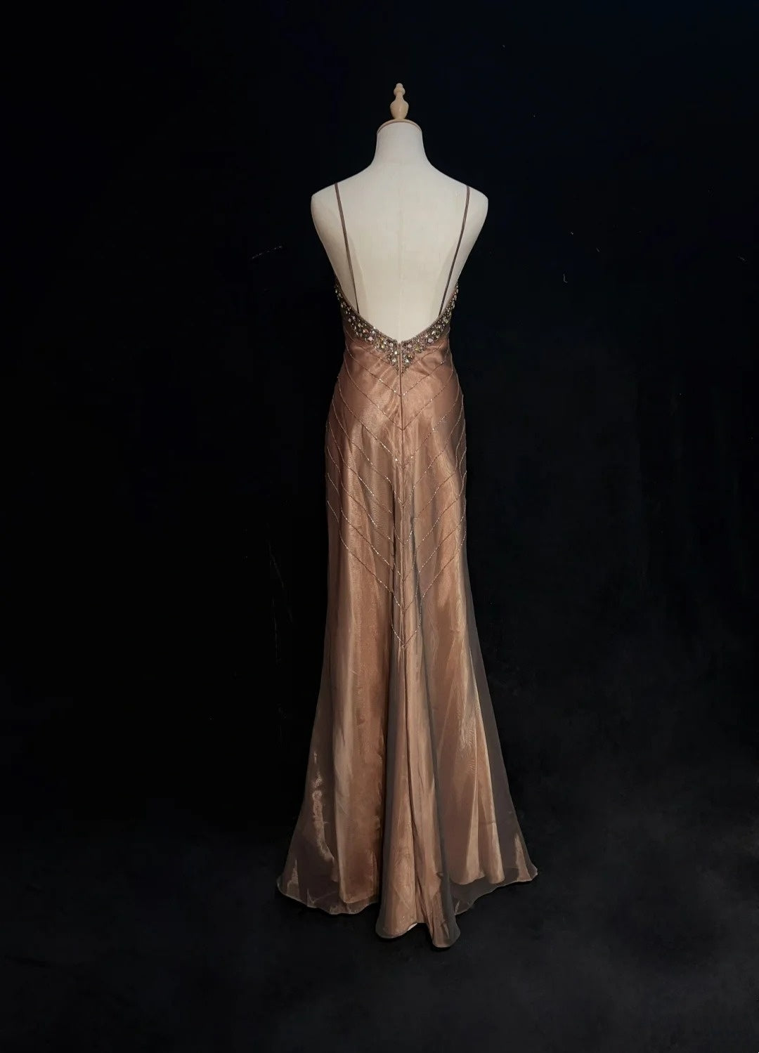 Robes de bal vintage Sirène Bretelles Spaghetti Marron sans manches en Mousseline Années 80 Robe longue de soirée N2860