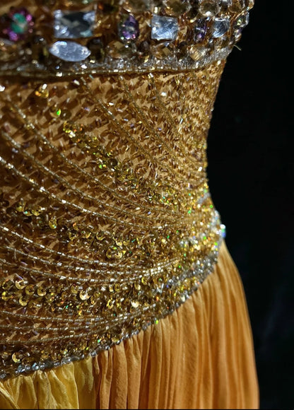 Robe de Soirée Formelle N4198 pour 18ème Anniversaire, Élégante, Jaune Carré, Coupe Trapèze, avec Perles