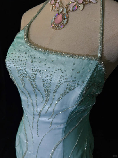 Robes de bal vintage des années 80 sirène dos nu bleu sans manches avec cape perles tenues de soirée semi-formelles N3616