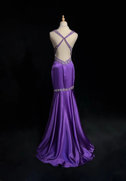 Vintage Meerjungfrau-Abschlussballkleid Spaghettiträger 80er Satin mit Perlen Stickerei rückenfrei langes Ballkleid N2515