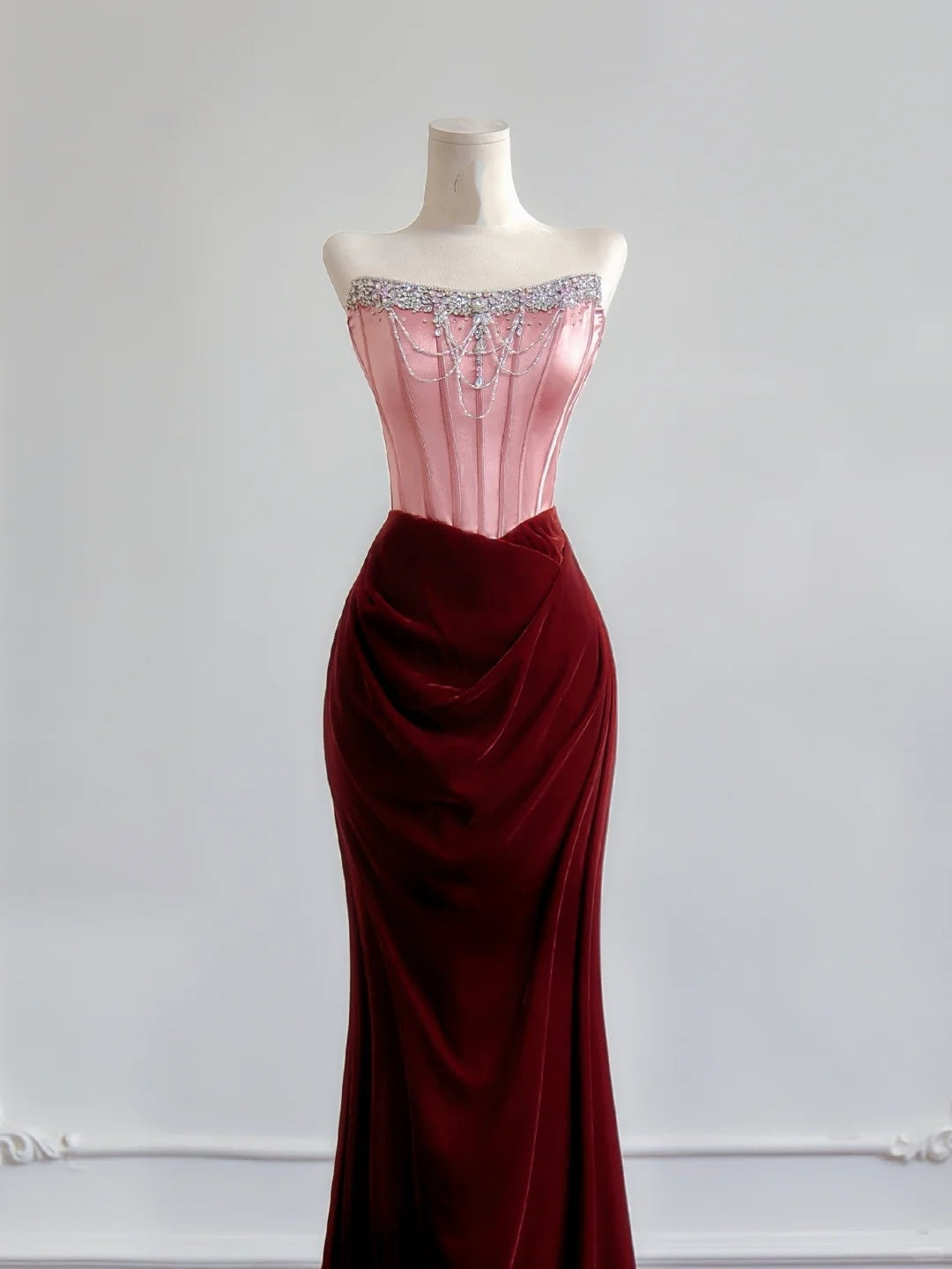 Romantic Mermaid Strapless Pink Top Satin Burgundy Velvet Long Prom Dresses Impress 18th Birthday Outfits Party Gown N393