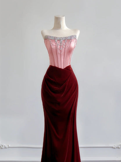Romantic Mermaid Strapless Pink Top Satin Burgundy Velvet Long Prom Dresses Impress 18th Birthday Outfits Party Gown N393