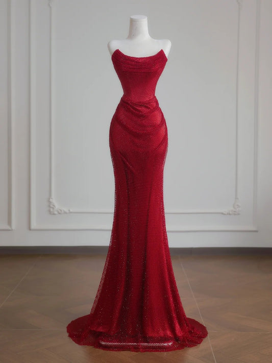 Robe de soirée longue à sequins rouges scintillants, décolleté cœur, style sirène, N728