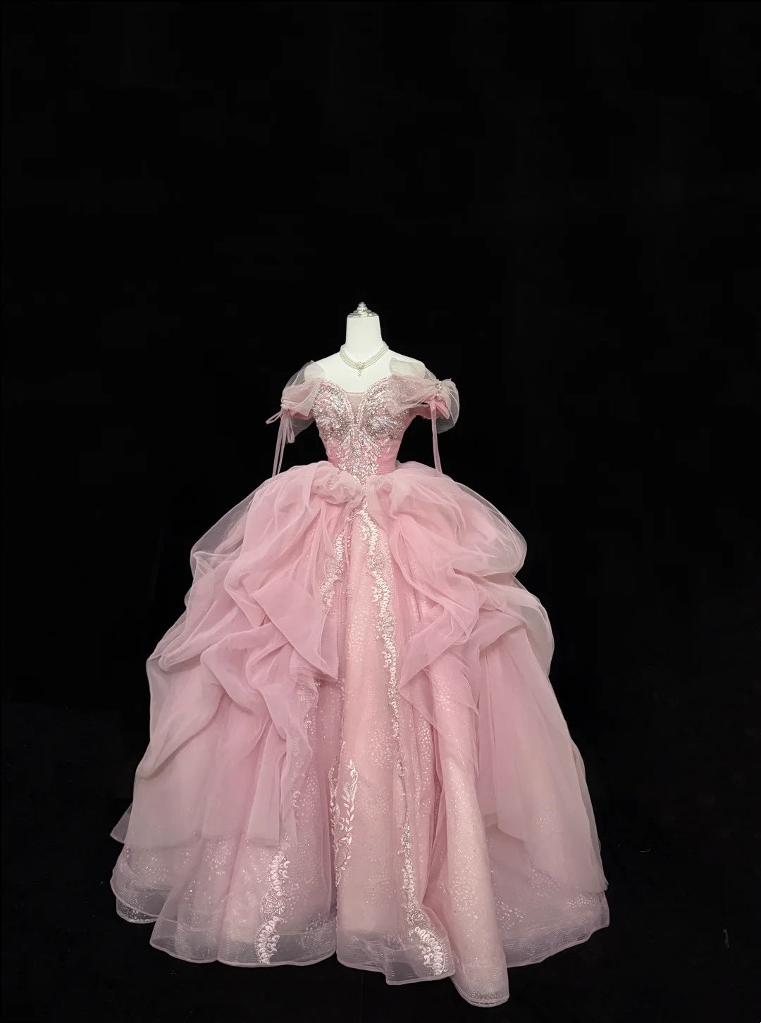 Rosa langes Ballkleid für den 16. Geburtstag, schulterfrei mit gerüschter Pailletten-Spitze, Modell RC0235