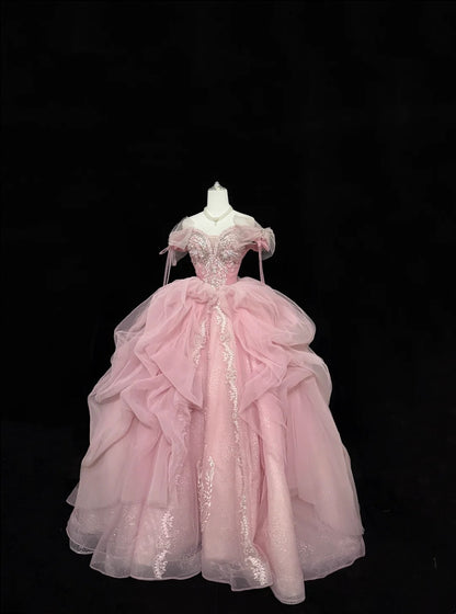 Rosa langes Ballkleid für den 16. Geburtstag, schulterfrei mit gerüschter Pailletten-Spitze, Modell RC0235