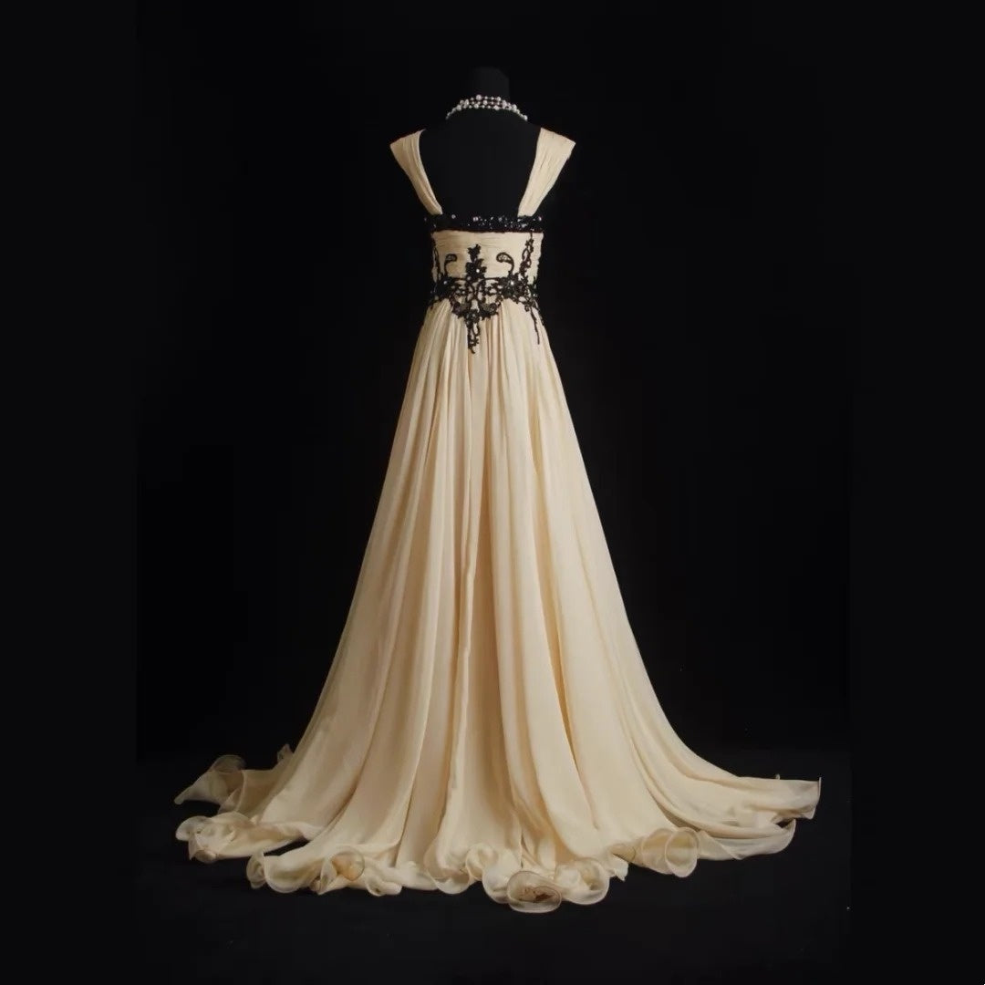 Vintage Prom Dresses 1960s A line Sweetheart Champagne Chiffon With Black Lace Floor Length Sleeveless Evening Formal Outfits RB4933