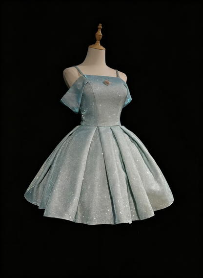 Vintage Ball Gown Light Blue Short Mini Length Short Sleeves Party Dress Cocktail Homecoming Dresses N3906