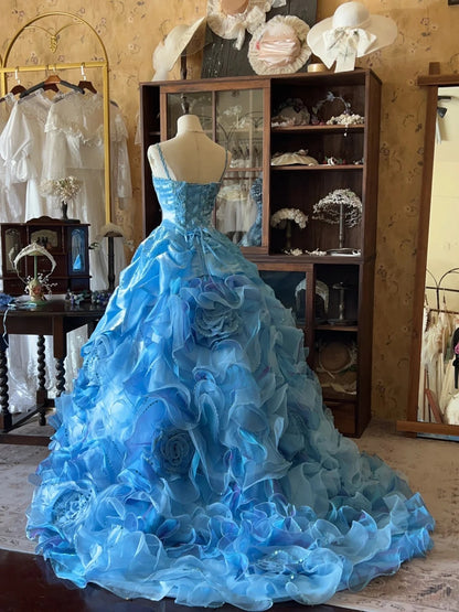 Vintage Ballkleid Spaghettiträger Blau Mit Lagen Stufen Sweet 16 Kleider Lang 15 Vestidos De Fiesta N2264