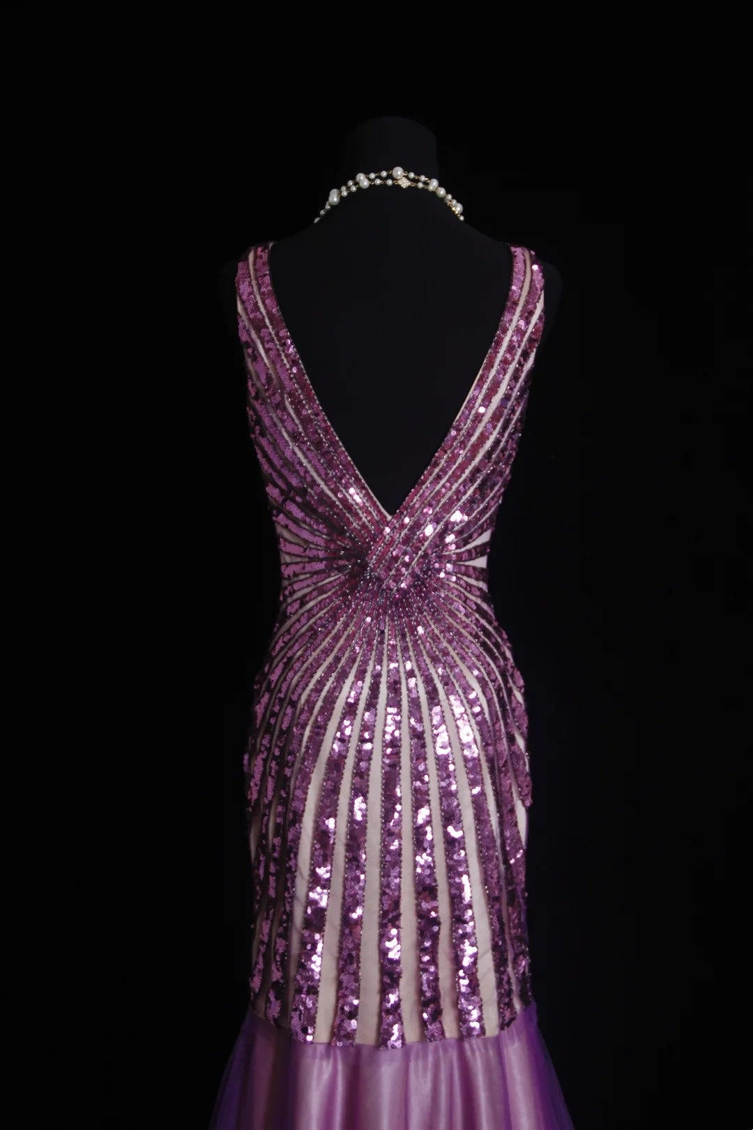 Robes de bal vintage Esthétique Années 80 Rétro Sirène Col en V Lilas Paillettes Robes de soirée longues N2330