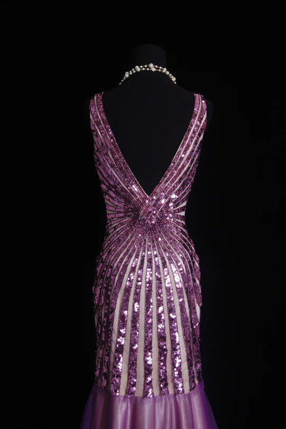 Robes de bal vintage Esthétique Années 80 Rétro Sirène Col en V Lilas Paillettes Robes de soirée longues N2330