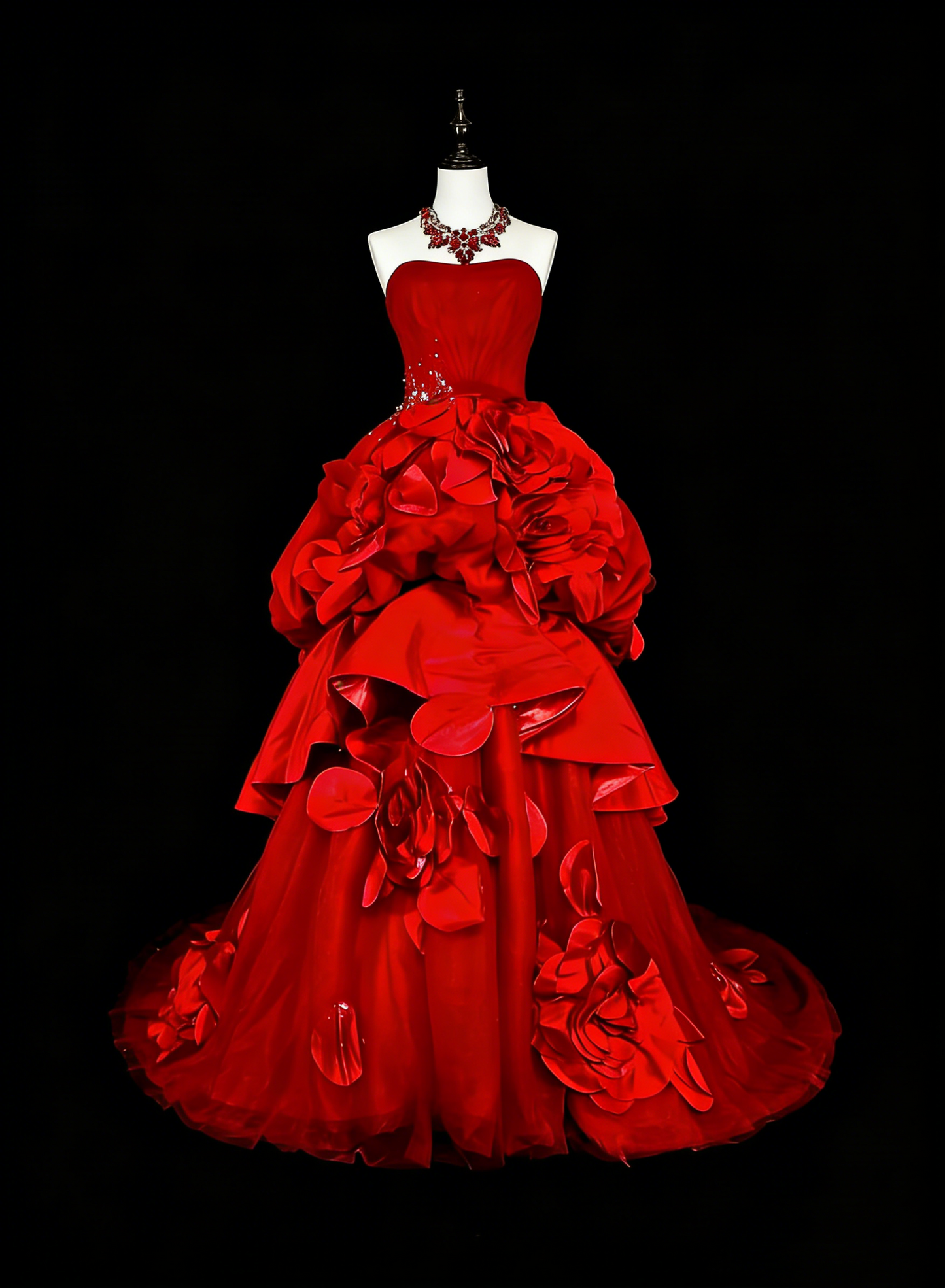 Robes de bal vintage pour le bal de promo, bustier sans bretelles en tulle rouge avec fleurs 3D, longue robe de soirée N2378