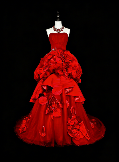 Robes de bal vintage pour le bal de promo, bustier sans bretelles en tulle rouge avec fleurs 3D, longue robe de soirée N2378