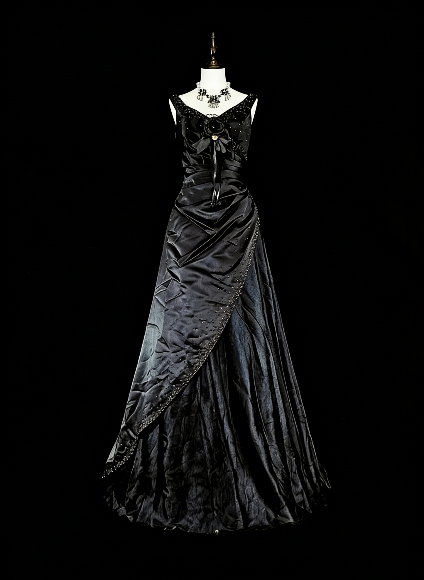 Verträumte Abschlussballkleider Vintage 90er Jahre mit Perlen V-Ausschnitt A-Linie Satin Schwarz Lange Formelle Outfits N2375
