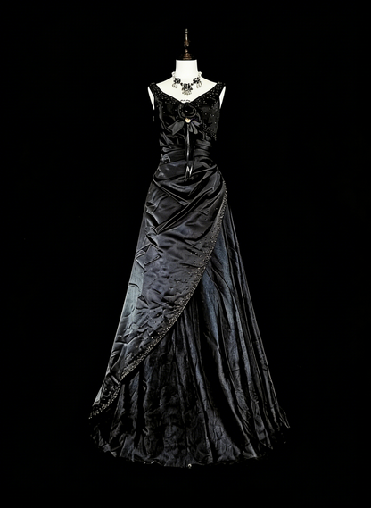 Verträumte Abschlussballkleider Vintage 90er Jahre mit Perlen V-Ausschnitt A-Linie Satin Schwarz Lange Formelle Outfits N2375