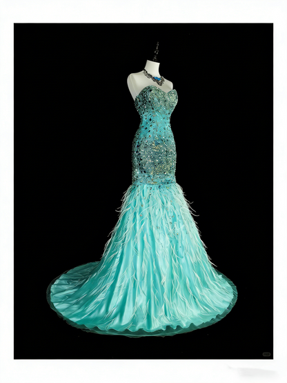 Vintage Meerjungfrauen-Abendkleid aus den 1960er Jahren, blau mit Kristallverzierungen, ärmellos, lang, elegant, mit Herzausschnitt, N1592