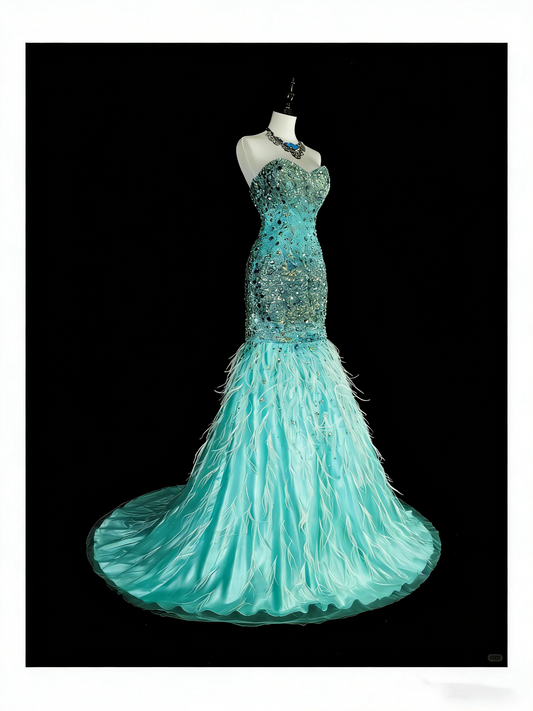 Vintage 1960s Mermaid Sweetheart Blue With Crystals Gems Sleeveless Long Prom Formal Dresses N1592