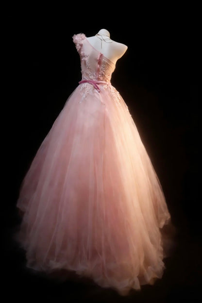 Jolies robes de bal de promo, robe de soirée asymétrique en tulle rose poudré avec appliques, longue robe de soirée N2954
