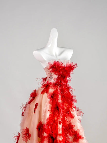 Robe de bal bustier rouge à fleurs sans manches avec application en tulle rose, longue robe de quinceañera, tenue d'anniversaire pour les 15 et 16 ans N676