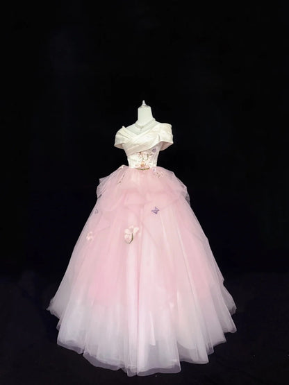 Cute Sweet 16 Dresses Long Ball Gown Off Shoulder Pink Tulle Formal Sweet Sixteen Birthday Gown RC0249