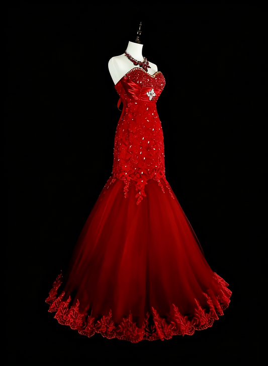 Vintage 1960s Mermaid Sweetheart Red Tulle Corset Back Sleeveless Long Prom Formal Dresses N1590
