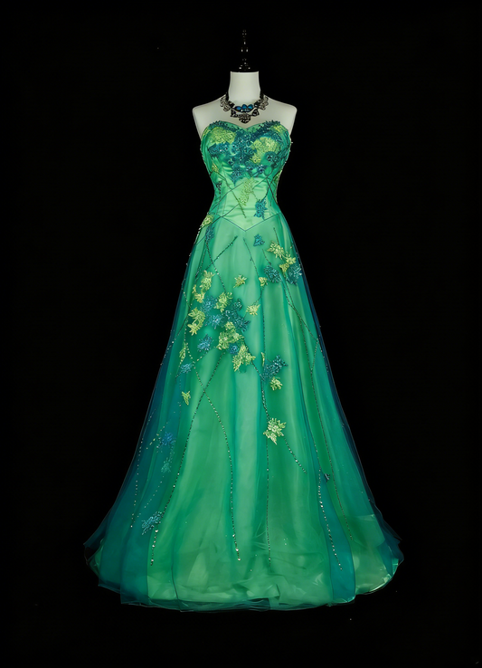 Vintage A-Linie Sweetheart Grün Tüll Mit Perlen Edelsteinkristallen Abendkleid Lang Ballkleider N2699