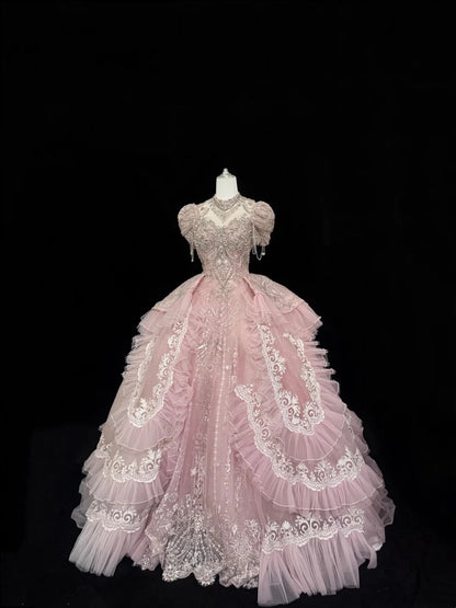 Langes Ballkleid für Sweet 16, herzförmiger Ausschnitt, Pink mit Spitzenapplikationen, Kleid zum 16. Geburtstag RC0320
