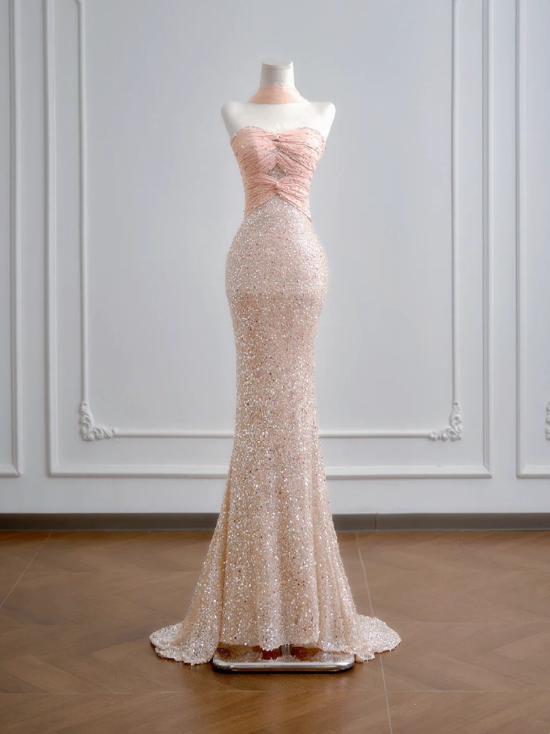 Robe de bal longue à sequins rose champagne, décolleté cœur, style sirène scintillante - Tenue de soirée idéale pour un 18e anniversaire - N386