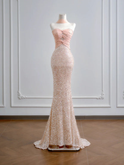 Robe de bal longue à sequins rose champagne, décolleté cœur, style sirène scintillante - Tenue de soirée idéale pour un 18e anniversaire - N386