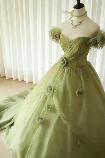 Robes de bal modestes robe de soirée épaules dénudées tulle vert sauge avec manches longue robe de quinceañera N2968