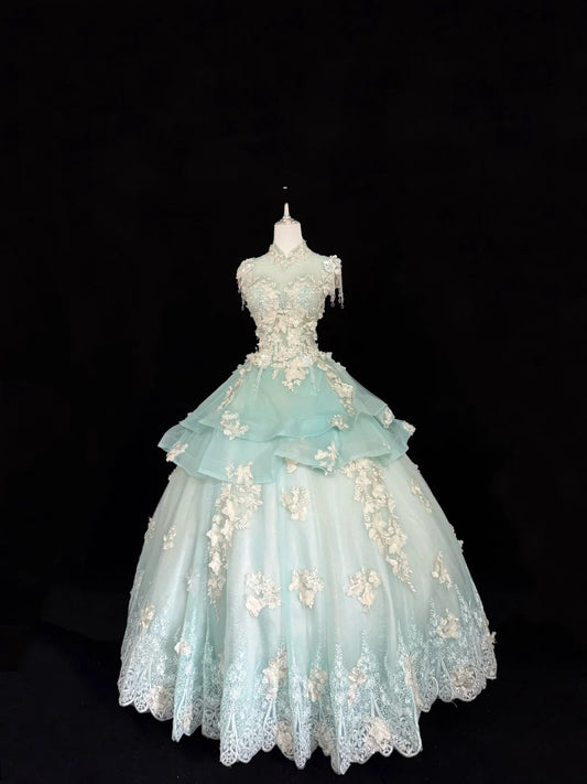 Sweet 16 Dresses Long Ball Gown Sweet Sixteen Long Birthday Dress High Neck Mint Green Tulle Formal Gown RC0281
