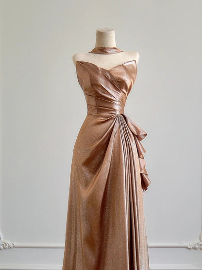 Robe de bal longue de soirée, coupe trapèze, décolleté cœur, couleur champagne avec fente, idéale pour les fêtes d'anniversaire (N375)