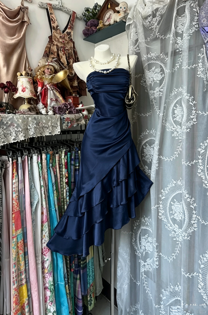 Robes de bal de fin d'année, robes de retour à la maison, tenues d'anniversaire mi-longues en satin couleur champagne sans bretelles style sirène vintage N3740
