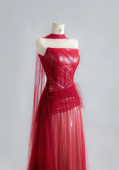 Robe de bal rouge bustier trapèze simple avec foulard, robe de soirée longue, robe de fête d'anniversaire N376