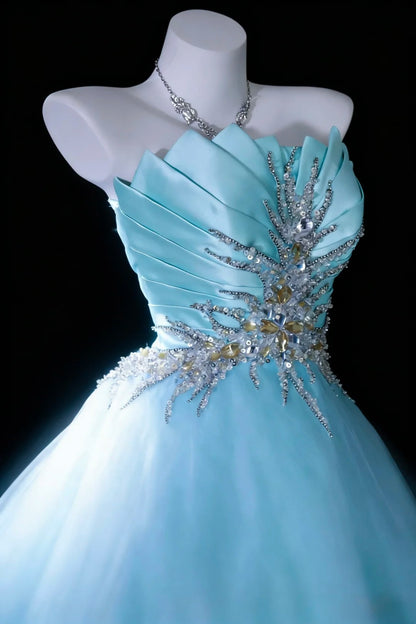 Modest Prom Dresses Ball Gown Strapless Light Sky Blue Tulle With Beading Long Quince Dress N2971