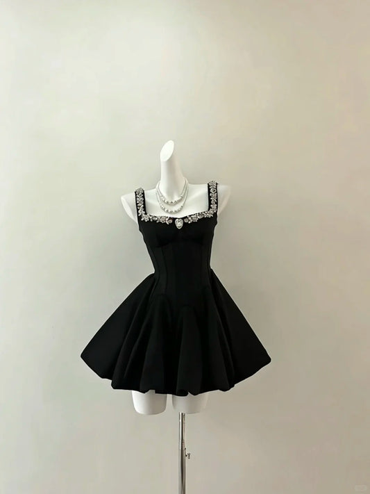 Cute Ball Gown Square Neck Little Black Dress Satin Mini Short Cocktail Homecoming Dresses Ideas Hoco Outfits RB4852