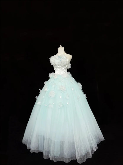 Langes Ballkleid für den 16. Geburtstag, trägerloses, blaues Abendkleid, RC0317