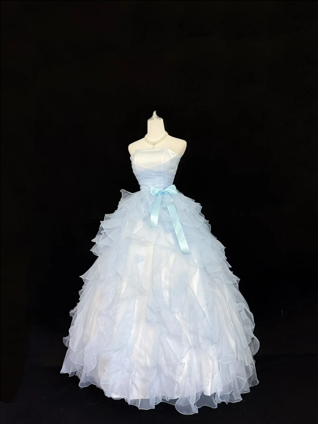 Light Sky Blue Prom Dress Long Floor Length Ball Gown Strapless With Tiered Layers Formal Evening Gown For Women RC0227