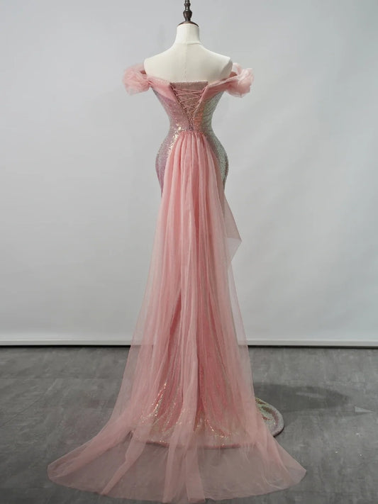 Robe de bal longue sirène rose à paillettes, épaules dénudées, manches courtes, N682