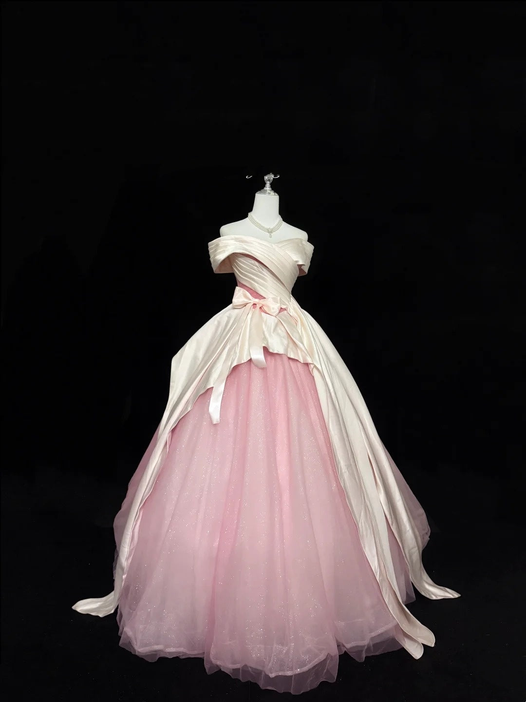 Tulle Prom Dress Long Floor Length Ball Gown Off Shoulder Pink With Sleeves Formal Evening Gown For Women RC0259