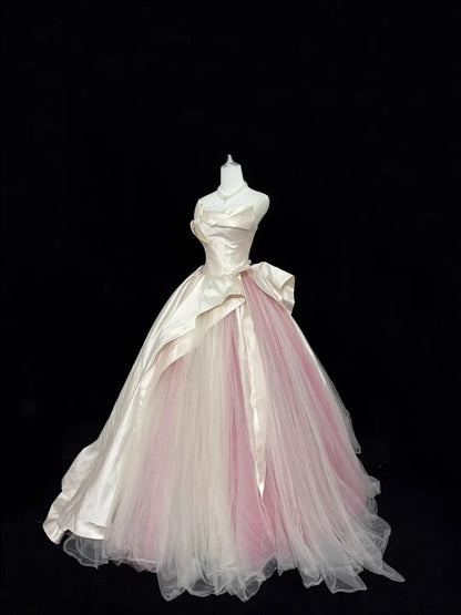Cute Sweet 16 Dresses Long Ball Gown Strapless Pink Satin Tulle Formal Sweet Sixteen Birthday Gown RC0260