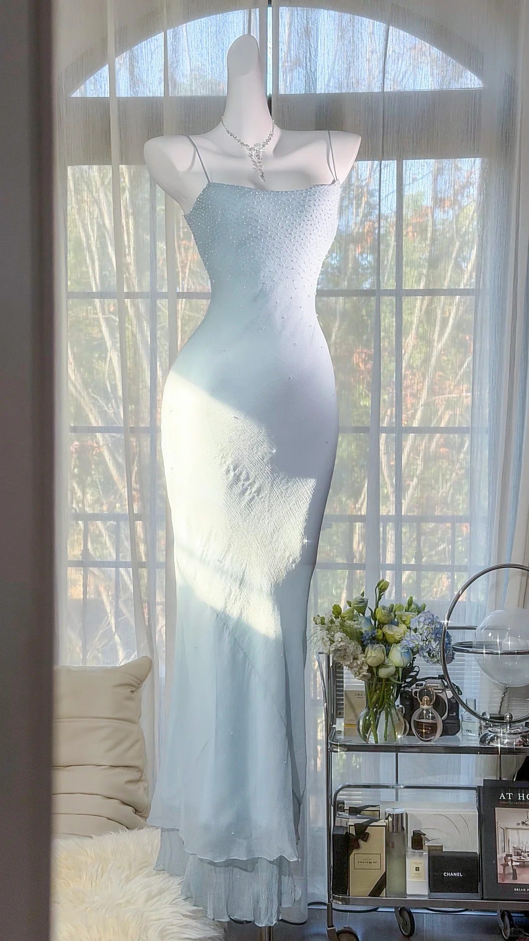 Elegant Prom Dresses Mermaid Spaghetti Strap Light Sky Blue Chiffon Floor Length Formal Evening Outfits N3522