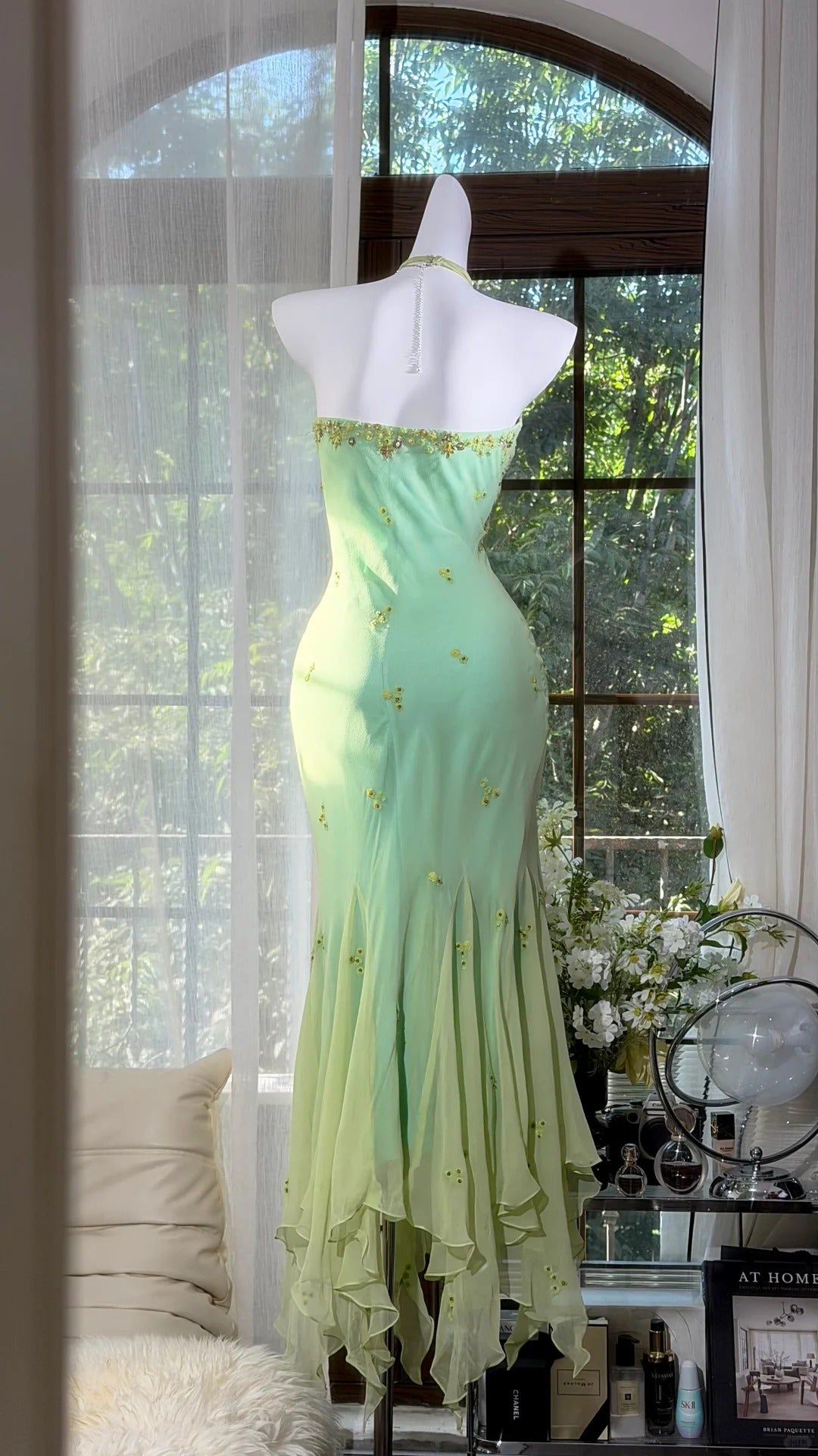 Classic Mermaid Halter Green Chiffon With Scarf Ankle Length Prom Dresses Inspo Formal Outfits RB4511