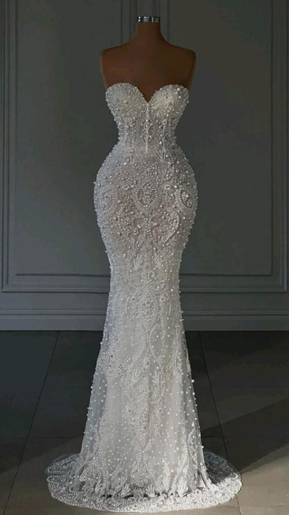 Luxuriöses Meerjungfrauen-Brautkleid für Damen mit Herzausschnitt, ärmellos, mit Perlen und Pailletten besetzt, bodenlang, Modell AB970