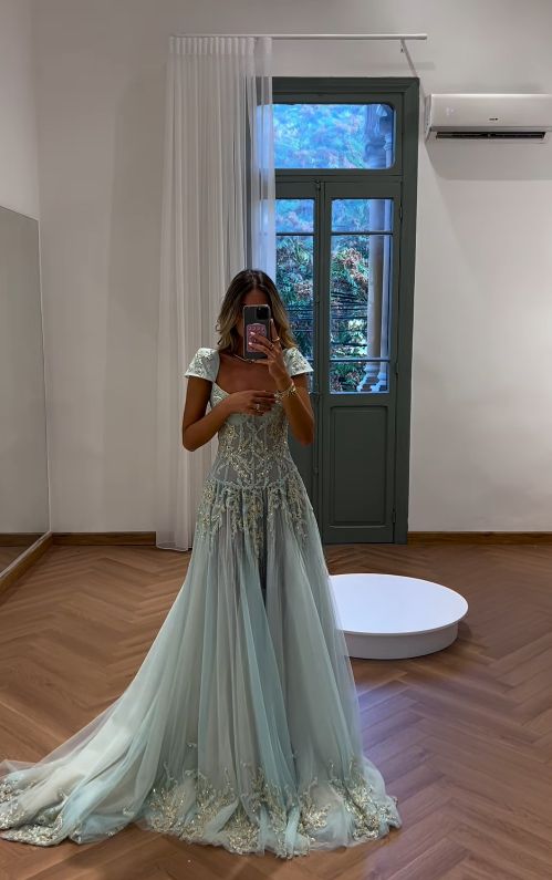 Fairy-tale A Line Exquisite Beaded Tulle Prom Dress Wedding Guest Dress Dinner Outfits Party Gowns AB2198