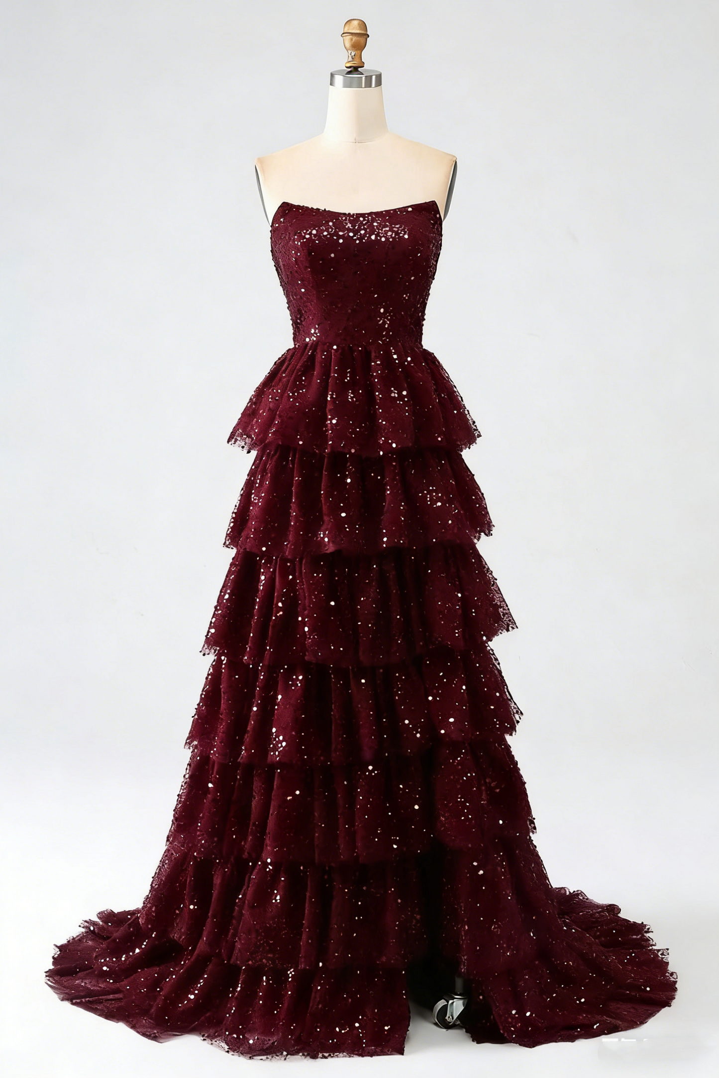 Robe de bal bordeaux scintillante sans bretelles avec fente, robe de soirée longue à sequins N795