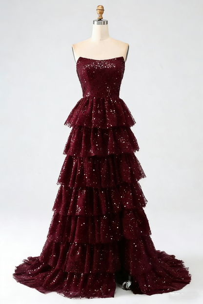 Robe de bal bordeaux scintillante sans bretelles avec fente, robe de soirée longue à sequins N795