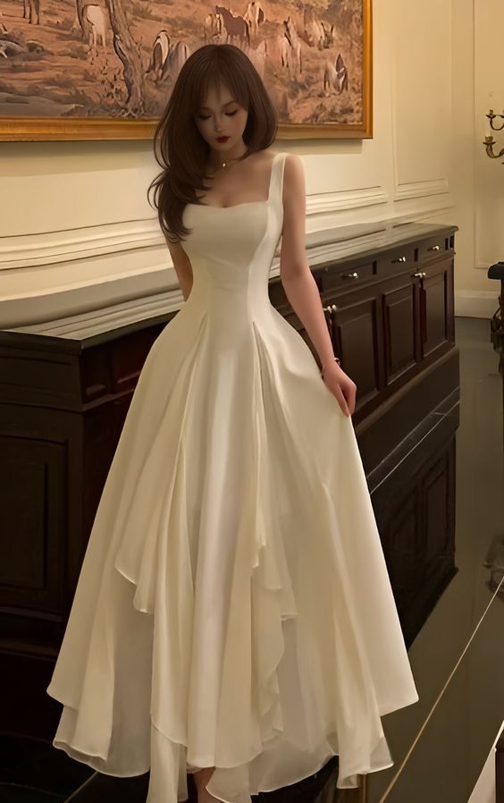 Wunderschönes, ärmelloses, weißes A-Linien-Kleid mit eckigem Ausschnitt, perfekt für Date-Nights, Abschlussball oder Geburtstage (AB1915)