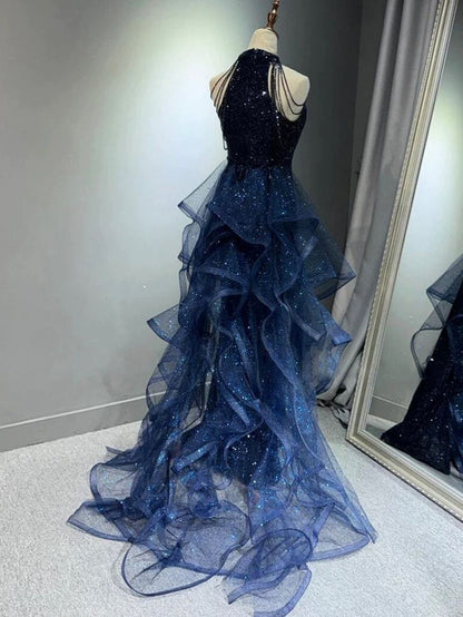 Marineblaues Pailletten-Abendkleid im Meerjungfrauenstil, langes Ballkleid AB680