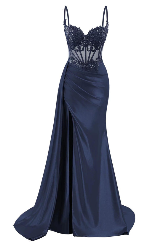 Spaghetti Strap Satin Prom Dresses Long Mermaid Lace Formal Gowns Corset Evening Party Dresses with Slit AB683