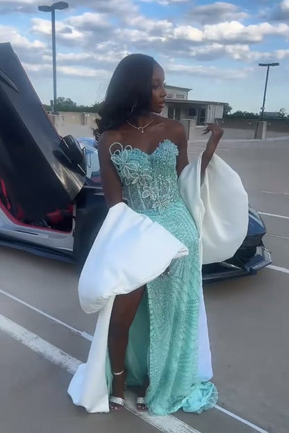 Hübsches Mintgrünes Trägerloses Korsett Meerjungfrauen Abendkleid mit Schlitz N2113